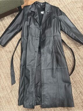 Woolrich Black Leather Long Trench Coat with Waist Tie